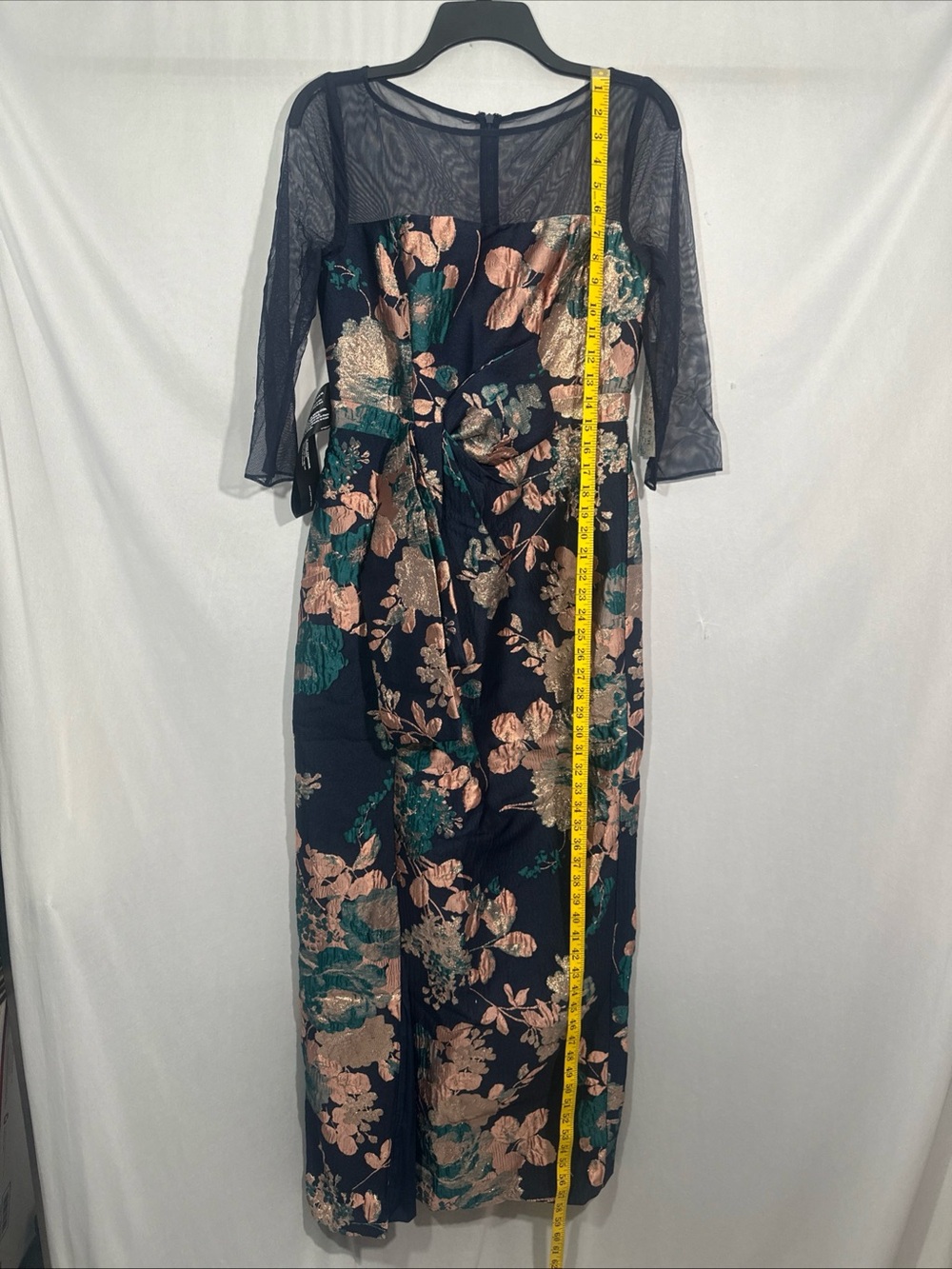 NWT $318 Kay Unger [ 6 ] Floral Jacquard Catrina 3D Bow‎ Gown Navy ApricotBlue - Picture 7 of 15